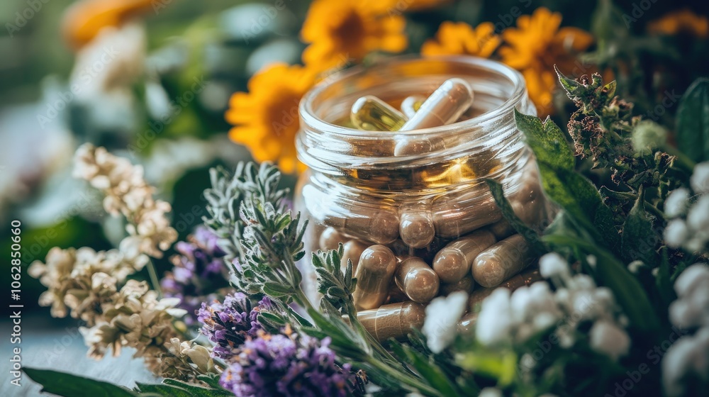 Fototapeta premium A close-up of herbal supplements in clear capsules, representing natural medicine and wellness.