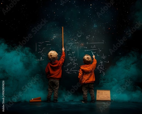 Young Prodigies Exploring Boundless Intellectual Curiosity Under Starry Night Sky photo