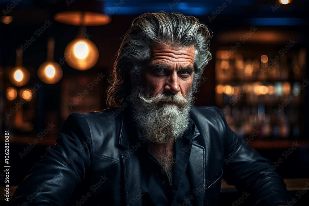 Portrait of a handsome senior man with long gray beard and mustache in a leather jacket sitting at a bar counter in a nightclub Portrait of a handsome senior man with long gray beard and mustache in a leather jacket sitting at a bar counter in a nightclub