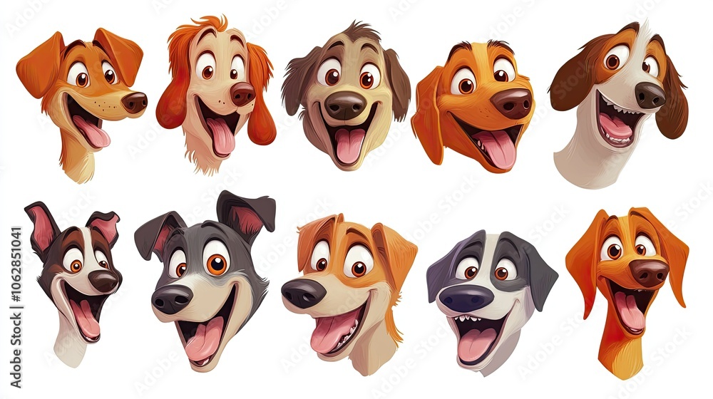 A collection of cartoon dog faces in various breeds, each with happy expressions, isolated on a white background, perfect for playful or pet-themed visuals. A collection of cartoon dog faces in various breeds, each with happy expressions, isolated on a white background, perfect for playful or pet-themed visuals.