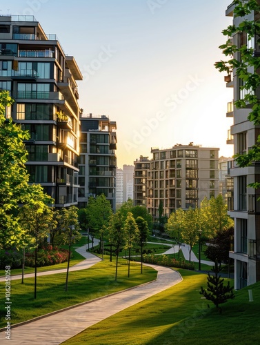 Modern apartment buildings in a green residential area in the city.