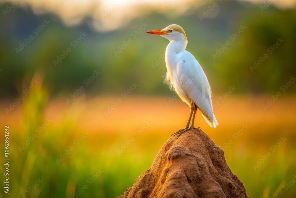 A Cattle Egret Perched on a Termite Mound in Rietvlei Nature Reserve, South Africa, Captured with Bokeh Effect Showcasing Natural Beauty and Wildlife Serenity A Cattle Egret Perched on a Termite Mound in Rietvlei Nature Reserve, South Africa, Captured with Bokeh Effect Showcasing Natural Beauty and Wildlife Serenity