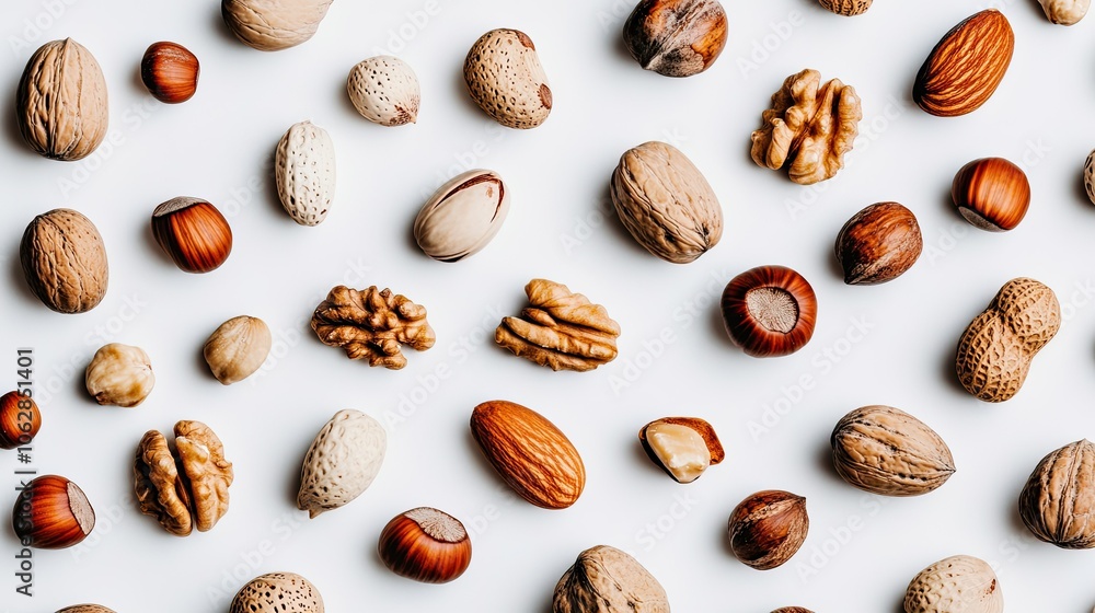A collection of various nuts, spread across a white background. A collection of various nuts, spread across a white background.