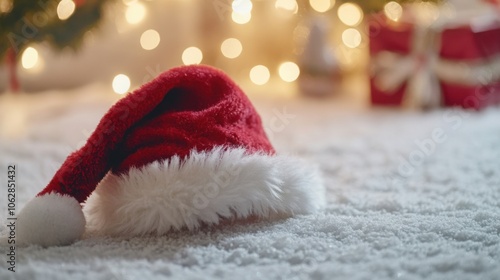 Santa cap with fluffy pom-pom on a white background, close-up. photo