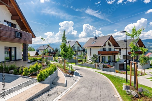 A perfect neighbourhood, houses in suburb at summer, luxury houses with nice landscape.