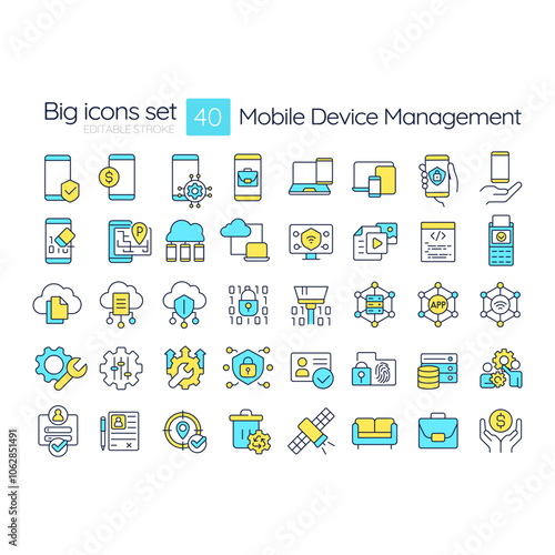Mobile device management RGB color icons set. Data control, technology. Cybersecurity software, system. Isolated vector illustrations. Simple filled line drawings collection. Editable stroke