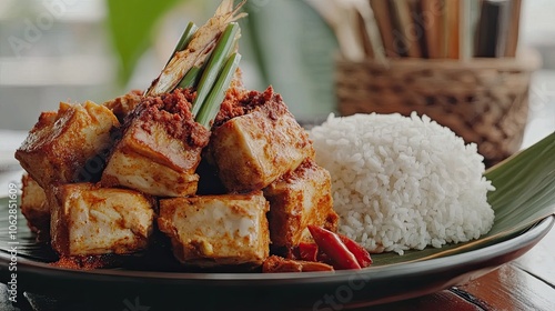 Traditional Malay lemang dish served with spicy rendang ayam , Malay, lemang, traditional, dish, spicy, rendang . photo