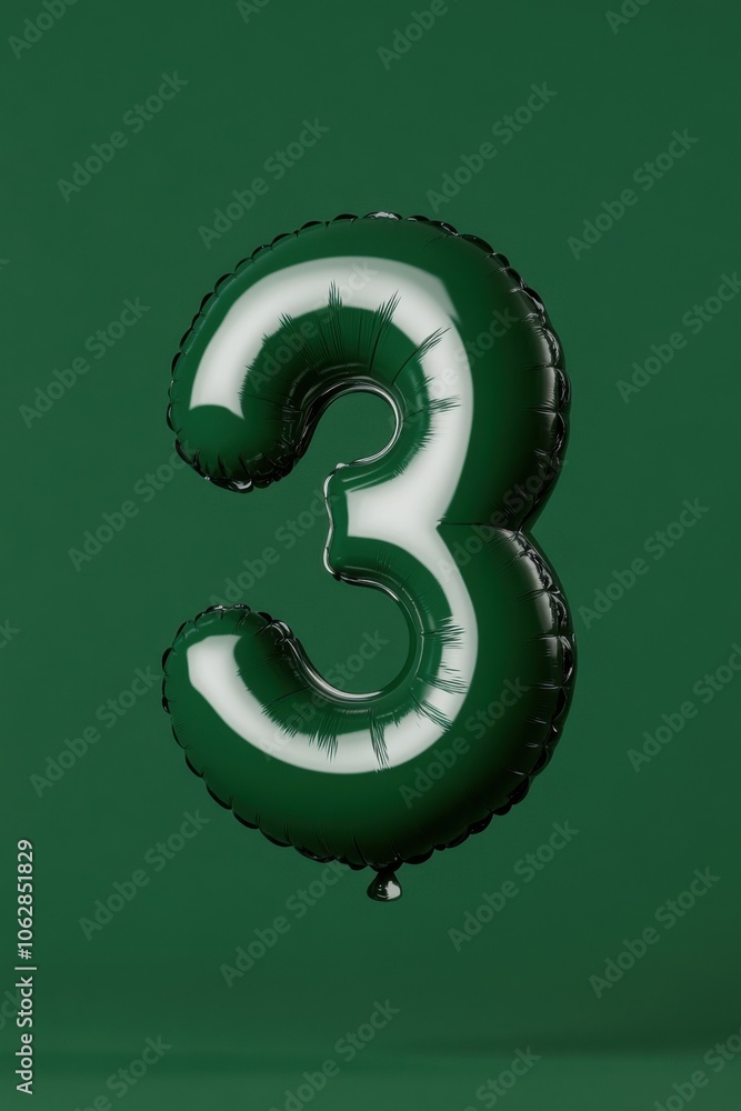 Green foil balloon number three floating on green background Green foil balloon number three floating on green background