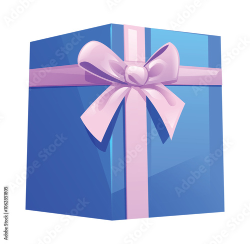 Blue gift box with pink ribbon and bow. Vector cartoon illustration