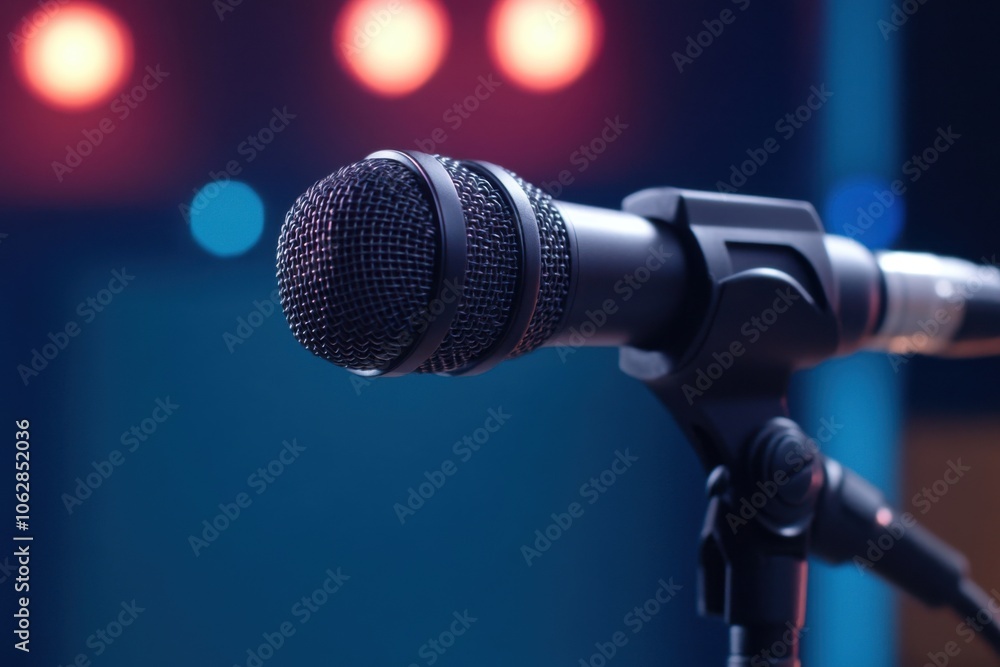 Obraz premium Microphone on stage awaiting performer with blurred lights in background