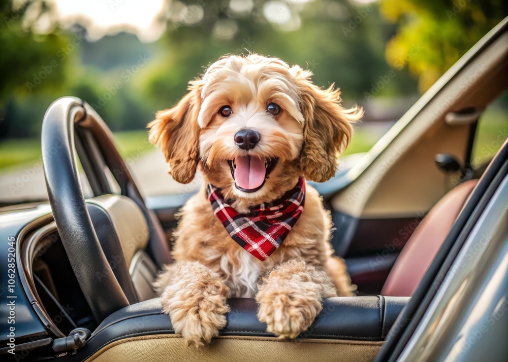 Adorable Cockapoo Puppy Enjoying a Fun Ride in a Stylish Car with Trendy Accessories for a Fashion-forward Pet Photography Session Adorable Cockapoo Puppy Enjoying a Fun Ride in a Stylish Car with Trendy Accessories for a Fashion-forward Pet Photography Session
