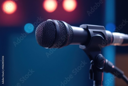 Microphone on stage awaiting performer with blurred lights in background