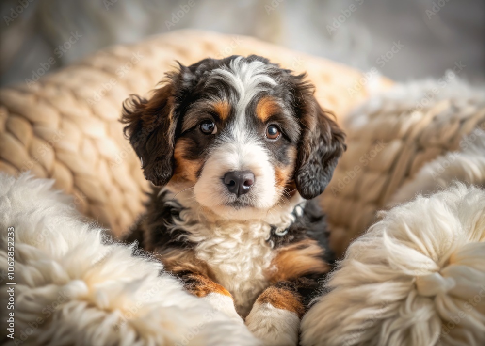 Adorable Mini Bernedoodle Puppy Nestled Among Soft Pillows on a Cozy Bed, Captured in Stunning Macro Photography Adorable Mini Bernedoodle Puppy Nestled Among Soft Pillows on a Cozy Bed, Captured in Stunning Macro Photography