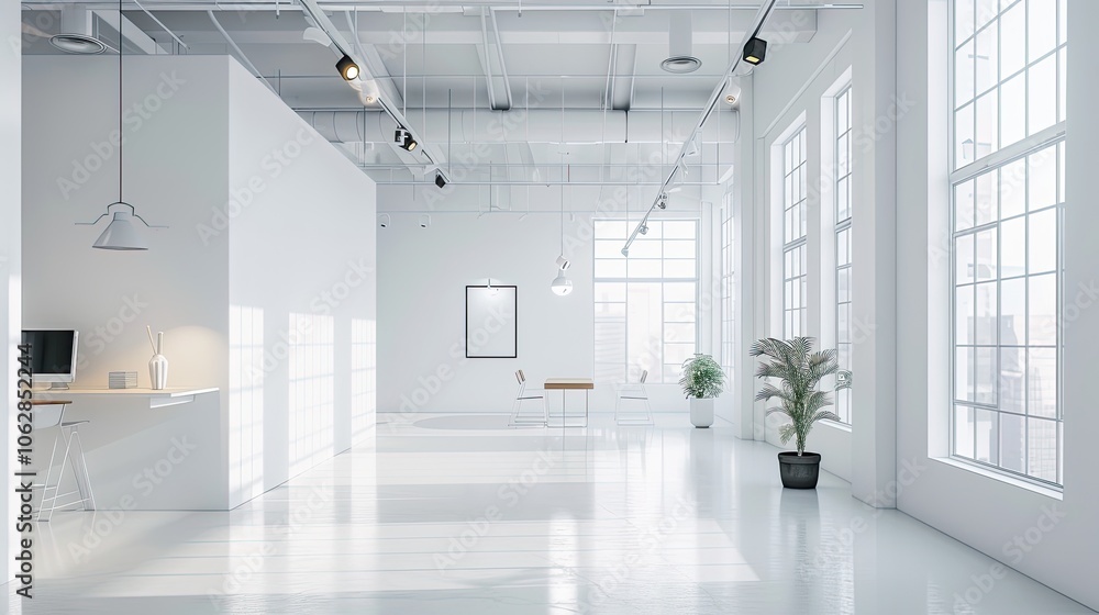 White open space office interior, mock up wall. White open space office interior, mock up wall.