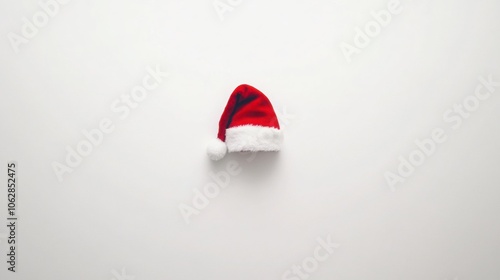 White background with a Santa cap neatly placed at the center, top view.