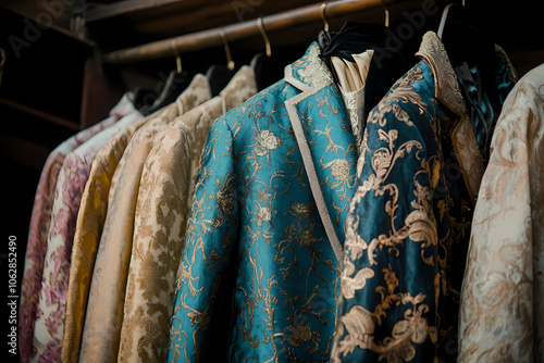 Old-Fashioned Teal Brocade Frock Coats - Elegance from a Bygone Era photo