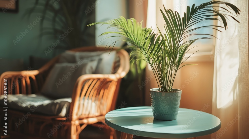 A cozy living room featuring a palm plant on a light blue round table, next to a comfortable rocking chair and sofa. A cozy living room featuring a palm plant on a light blue round table, next to a comfortable rocking chair and sofa.