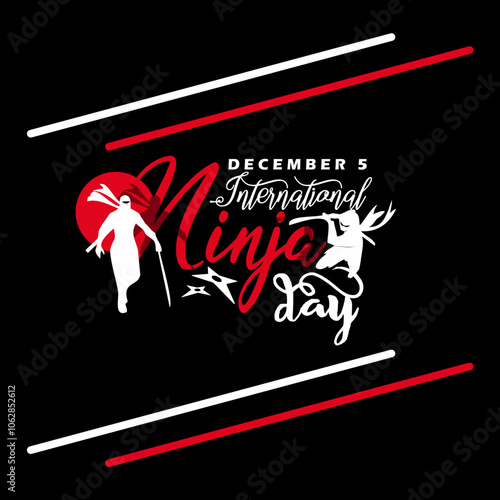 International Ninja Day to celebrate on December 5th. Illustration of a ninja warrior from Japan with calligraphic text on black background.