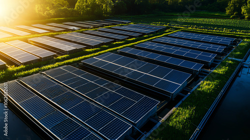 Drone view of a waste treatment plant with solar panels and green roofs, showcasing eco-friendly upgrades aerial shot, midday light sustainable and innovative design