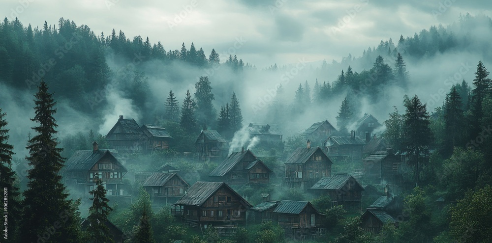 Misty Mountain Village with Wooden Cabins and Fog Misty Mountain Village with Wooden Cabins and Fog