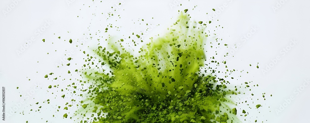 Green soil particles exploding in all directions, captured mid-motion with a high-definition camera, against a pristine white background, showcasing vivid color and texture. Green soil particles exploding in all directions, captured mid-motion with a high-definition camera, against a pristine white background, showcasing vivid color and texture.