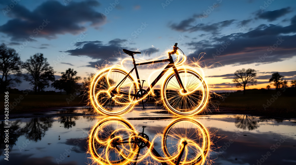 Obraz premium Bicycle with Sparkling Light Trails at Sunset