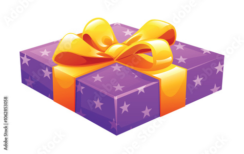 Purple gift box with golden bow and ribbon, decorated with star patterns. Vector cartoon illustration