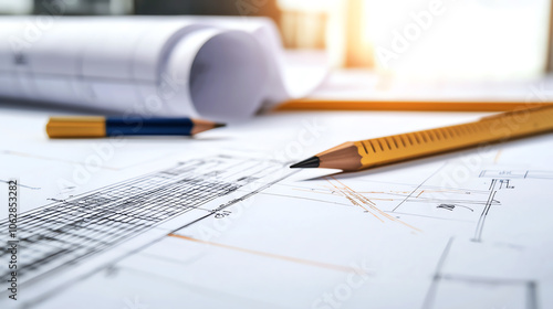 Detailed blueprint of a skyscraper structure laid on a large drafting table, sharp pencil lines and measurements, soft overhead light, close-up capturing fine architectural details