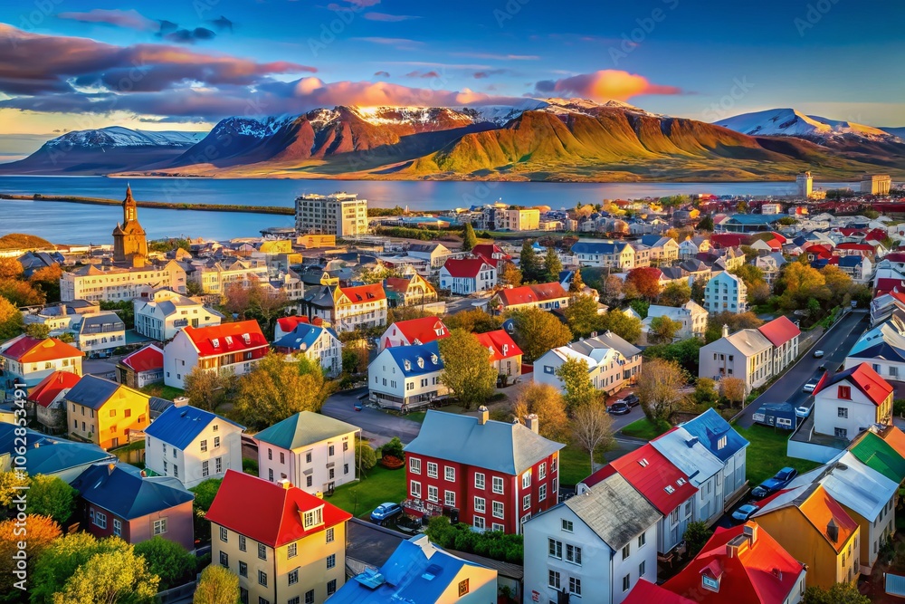 Fototapeta premium Aerial View of Colorful Houses in Reykjavik, Iceland Showcasing Vibrant Architecture Against a Stunning Landscape of Mountains and Ocean for Travel and Real Estate Use