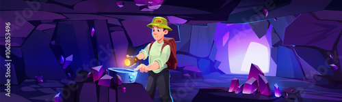 Man in underground mine cave cartoon background. Crystal treasure inside mountain tunnel. Amethyst gem rock explorer and miner in purple ancient dungeon. 2d indoor cavern land vector illustration