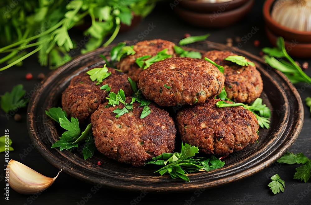 Meatballs with sauce Beef cutlets on a plate with fresh herbs and garlic, against a dark background Meatballs with sauce Beef cutlets on a plate with fresh herbs and garlic, against a dark background