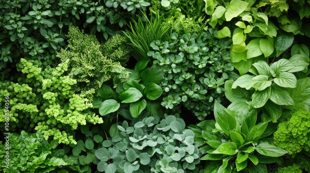 A detailed shot of green plants and shrubs with different leaf sizes and textures, forming a vibrant and natural plant collection.