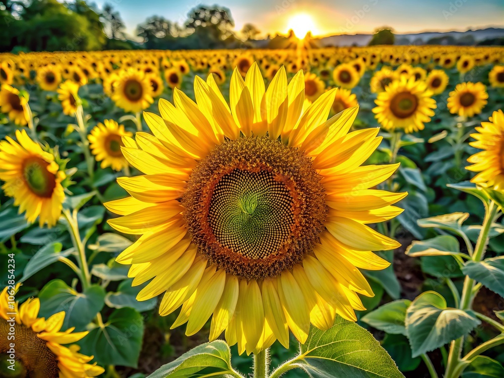 Fototapeta premium Aerial View of Vibrant Sunflowers Blooming in a Field, Showcasing Nature’s Beauty, Drone Photography Capturing the Rich Yellow Petals and Green Foliage in Perfect Light
