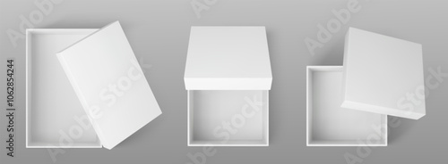3d open empty white gift box blank mockup top view vector. Paper square package with lid realistic present design. Makeup sample product container for delivery. Business cube cardboard small pack