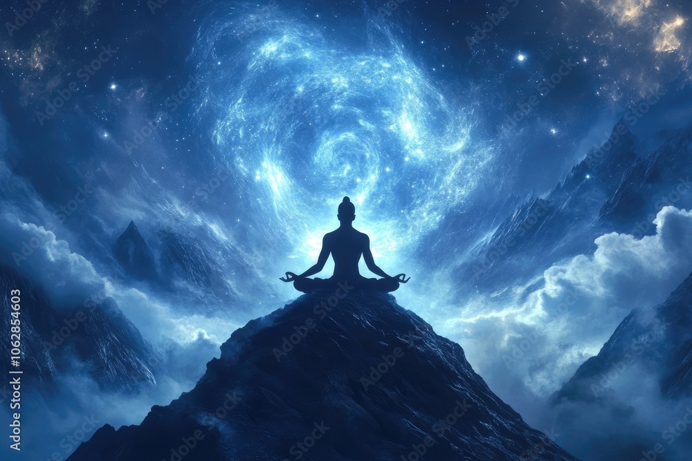 A silhouette of a person meditating on a mountaintop. This image is perfect for illustrating concepts of peace, tranquility, and spiritual connection. A silhouette of a person meditating on a mountaintop. This image is perfect for illustrating concepts of peace, tranquility, and spiritual connection.