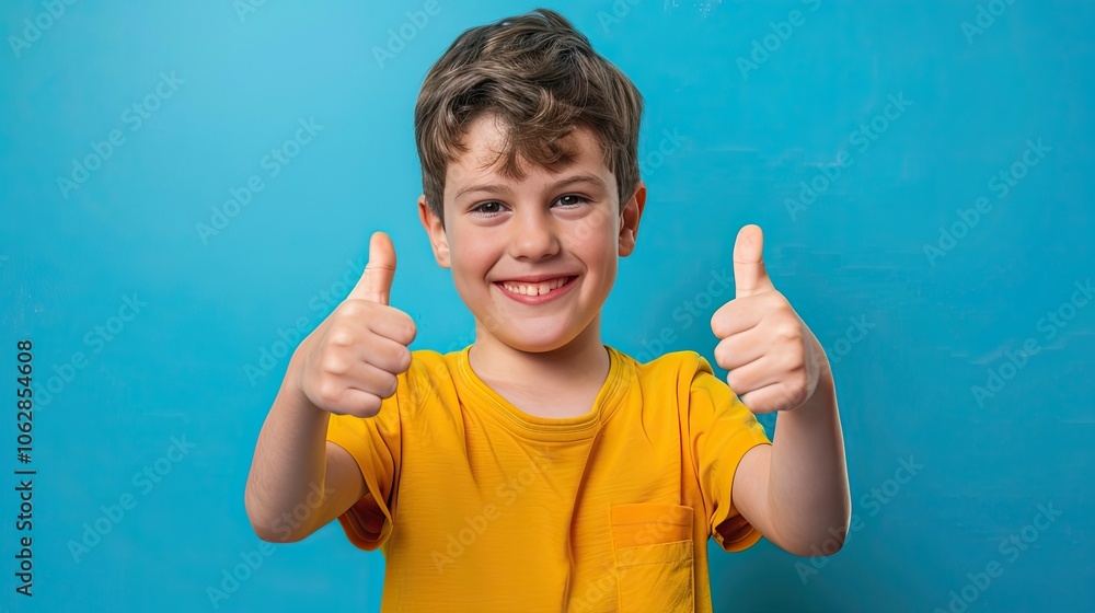 Smiling young boy giving thumbs up, on a solid color background. Smiling young boy giving thumbs up, on a solid color background.