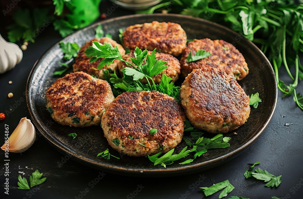 Meatballs with sauce Beef cutlets on a plate with fresh herbs and garlic, against a dark background Meatballs with sauce Beef cutlets on a plate with fresh herbs and garlic, against a dark background