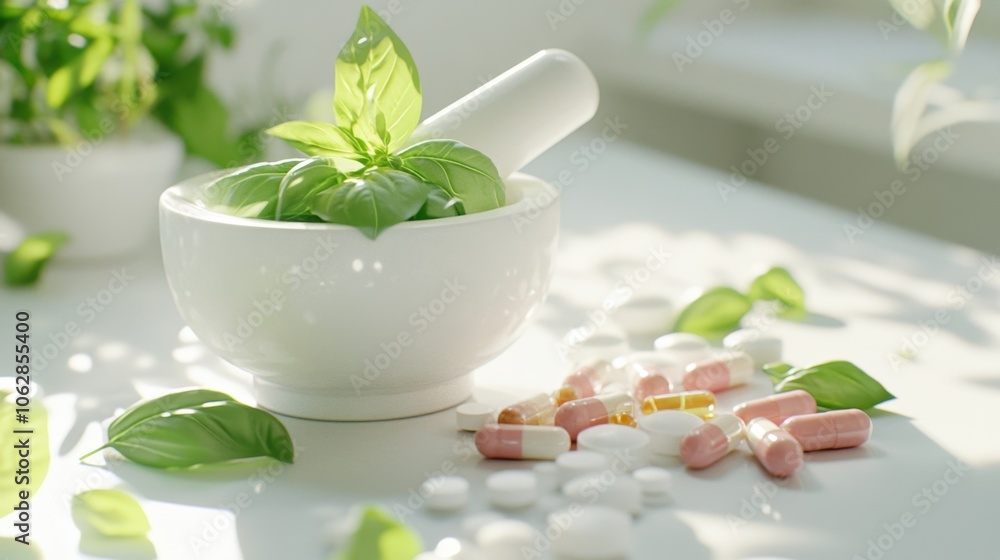 The Mortar with Fresh Herbs The Mortar with Fresh Herbs