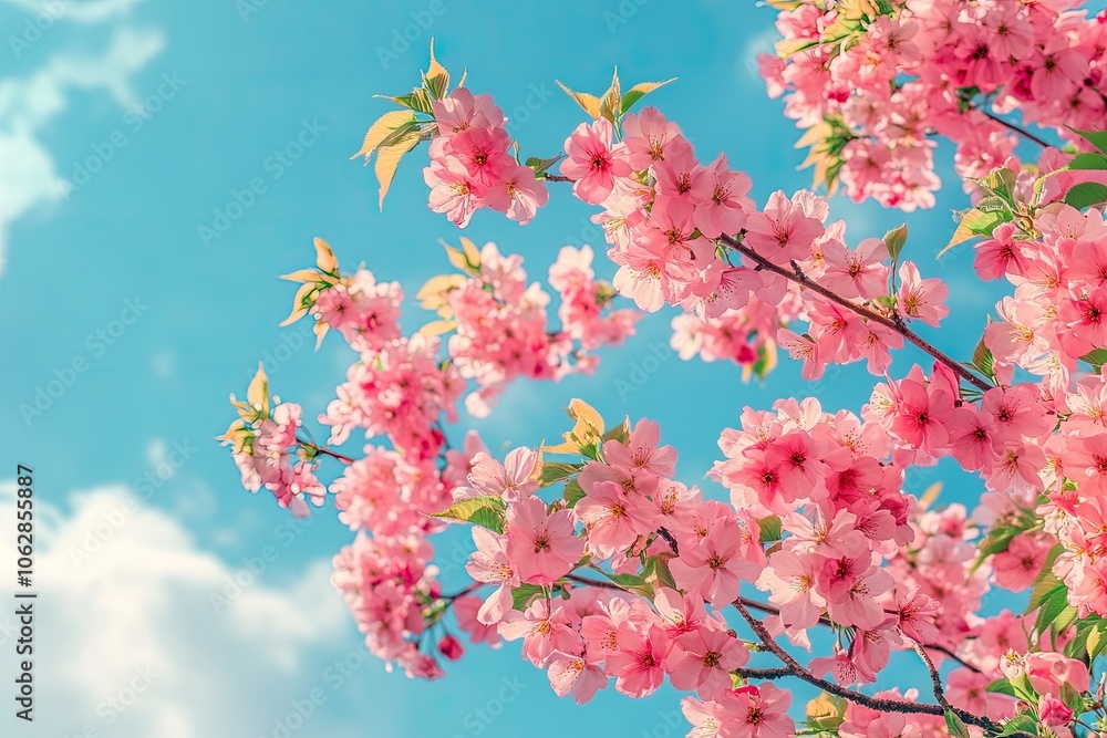 Pink cherry blossom branches against a blue sky. Perfect for spring or nature-themed projects, representing new beginnings and beauty. Pink cherry blossom branches against a blue sky. Perfect for spring or nature-themed projects, representing new beginnings and beauty.