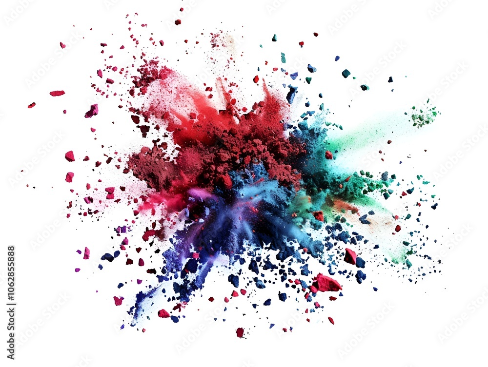 Multicolor soil explosion with particles of red, blue, and green, isolated on a white background, each granule sharp and clear, creating a stunning visual effect. 40k, full ultra hd, high resolution Multicolor soil explosion with particles of red, blue, and green, isolated on a white background, each granule sharp and clear, creating a stunning visual effect. 40k, full ultra hd, high resolution