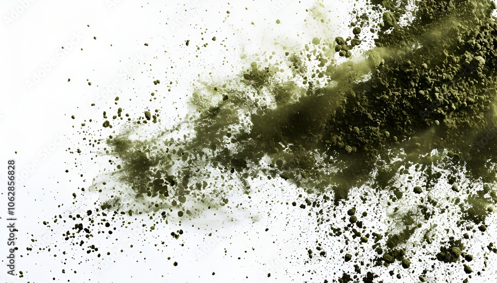 Olive green soil burst frozen in time, particles creating a dynamic and intricate pattern against a stark white background. 40k, full ultra hd, high resolution Olive green soil burst frozen in time, particles creating a dynamic and intricate pattern against a stark white background. 40k, full ultra hd, high resolution