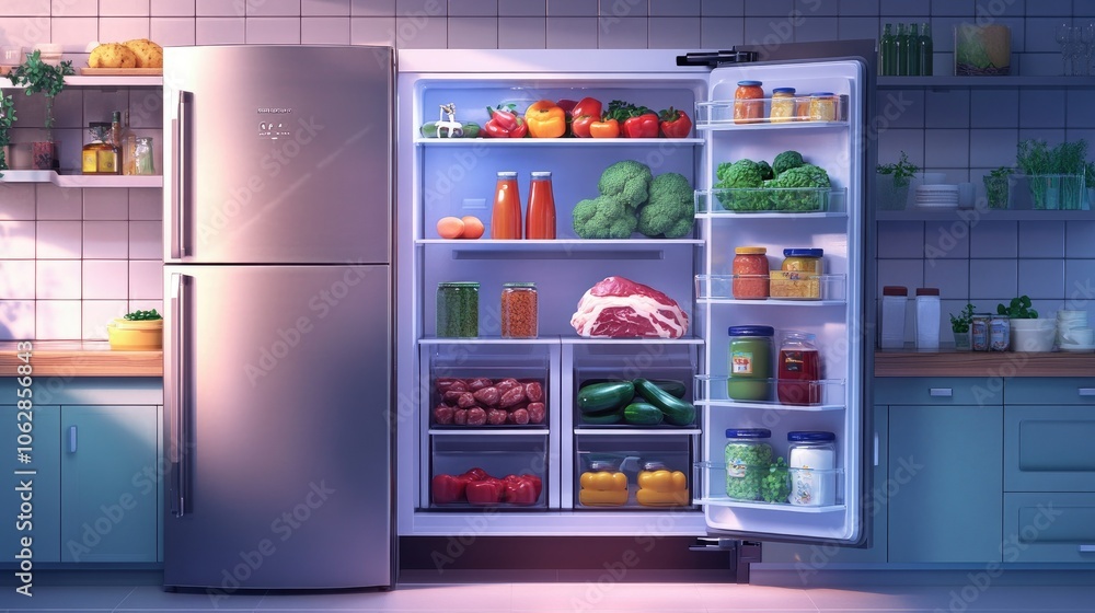 A kitchen scene with an open refrigerator filled with fresh vegetables, meat, and beverages, organized neatly on each shelf. A kitchen scene with an open refrigerator filled with fresh vegetables, meat, and beverages, organized neatly on each shelf.