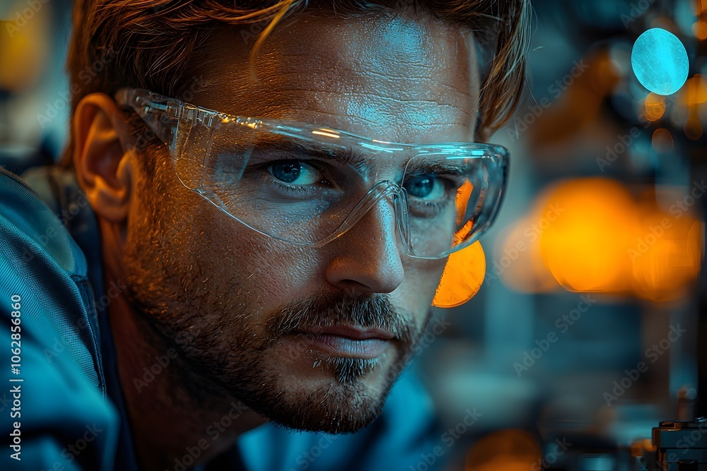 Focused engineer wearing safety goggles in an industrial setting Focused engineer wearing safety goggles in an industrial setting