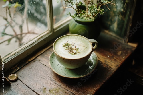 An adaptogen-infused matcha latte with rhodiola and ashwagandha, offering a smooth, energizing beverage that supports mental clarity and reduces anxiety, ideal for a focused work session photo