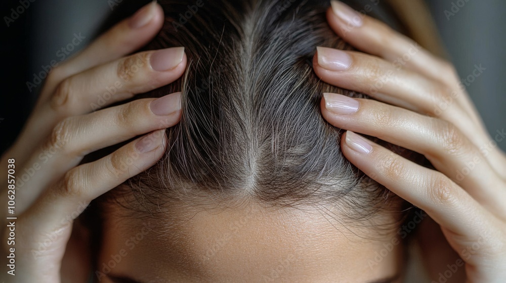 Naklejka premium close-up shot of a woman's hands gently touching her scalp, with noticeable thinning hair and sparse areas on the top of her head