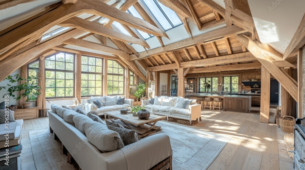 A large attic room with exposed wooden beams and skylights, bathed in sunlight and showcasing the warmth of natural materials. A large attic room with exposed wooden beams and skylights, bathed in sunlight and showcasing the warmth of natural materials.