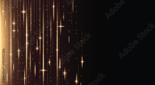 Abstract gold vertical flare line with glow effect background. Magic particle burst with light beam and sparkle shine bg. Luxury night shiny curtain for nightclub banner. Side string frame graphic