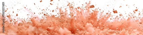 Peach-colored soil explosion with particles frozen in mid-air, creating a vibrant and detailed effect against a white backdrop. 40k, full ultra hd, high resolution