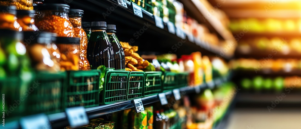 Fototapeta premium Organized shelves of organic foods and snacks, bright and clean, organic food aisle, modern supermarket