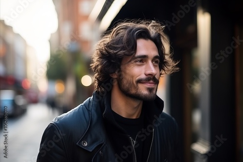 Portrait of a handsome young man with long curly hair in the city